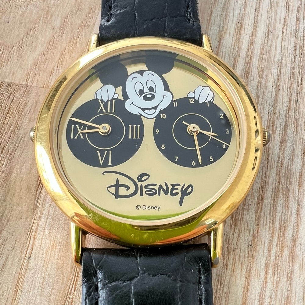 Rare Disney Dual Time Mickey Mouse Black And Gold tone watch NEW BATTERY